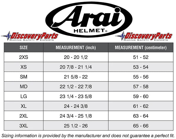 Arai GP-5W Helmet SA2020 size chart image