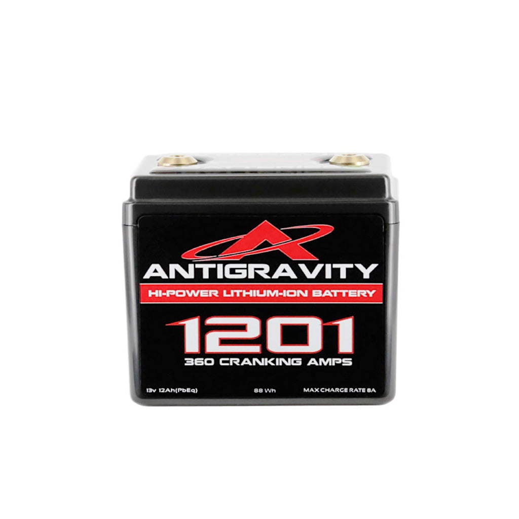 Antigravity AG-1201 lithium motorsports battery front view on white background
