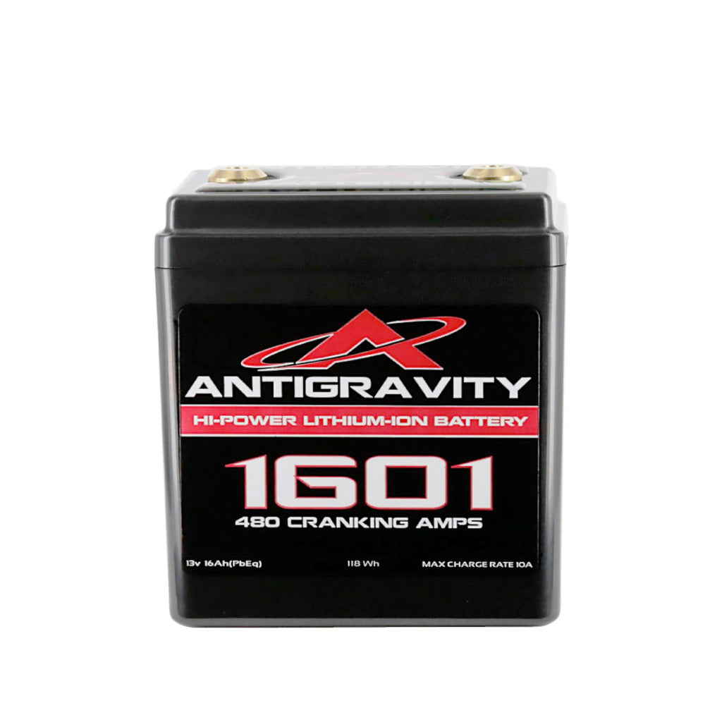 Antigravity AG-1601 lithium motorsports battery front view on white background