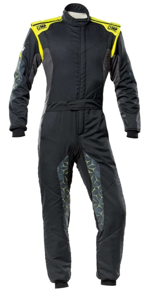 OMP TECHNICA HYBRID RACE SUIT BLACK / YELLOW FRONT IMAGE