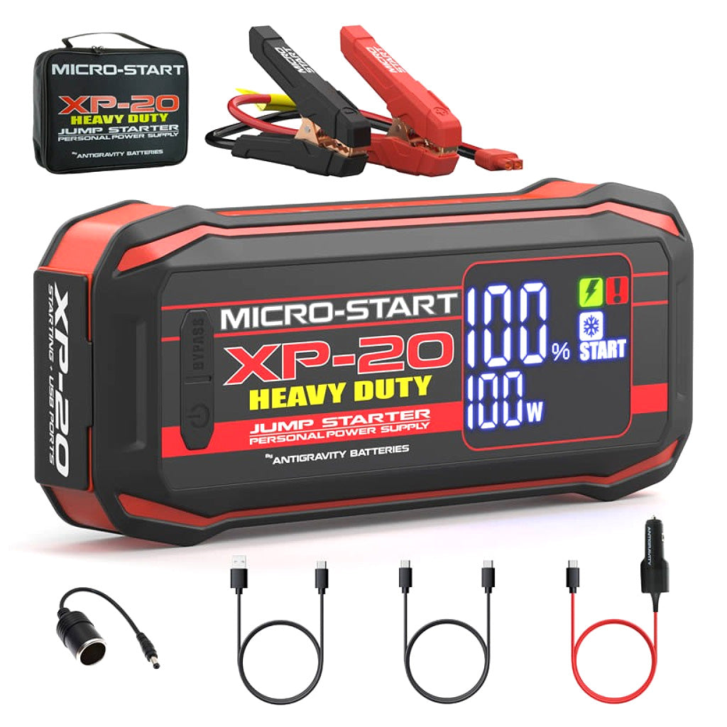 Micro-Start XP-20 Heavy Duty jump starter with accessories on a white background