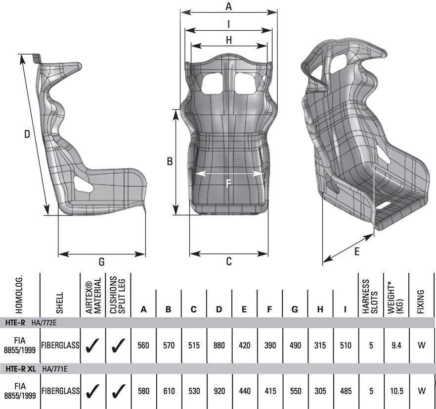OMP HTE-R Racing Seat  Dimensions