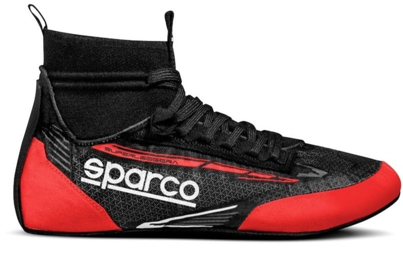 Close-up of the Sparco Superleggera's intricate stitching and sole grip, highlighting its premium craftsmanship for racing professionals.