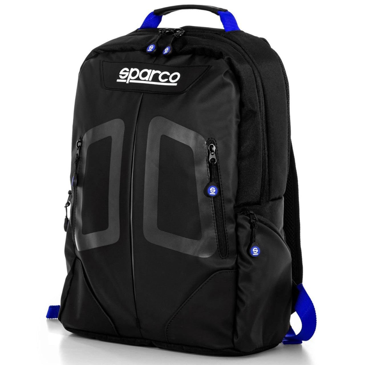 Sparco Stage Backpack black blue front view with padded shoulder straps and storage pockets