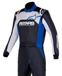 Thumbnail for Alpinestars Atom Graphic 4 Driver Race Suit featuring long-sleeved black and blue racing suit with white accents and the Alpinestars logo.