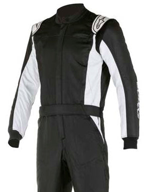 Alpinestars Atom Race Suit, featuring a long-sleeved black and white top with a mandarin collar, and black racing pants with white accents.
