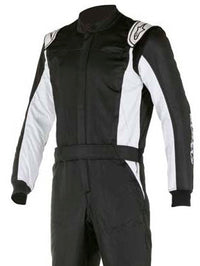 Thumbnail for Alpinestars Atom Race Suit, featuring a long-sleeved black and white top with a mandarin collar, and black racing pants with white accents.