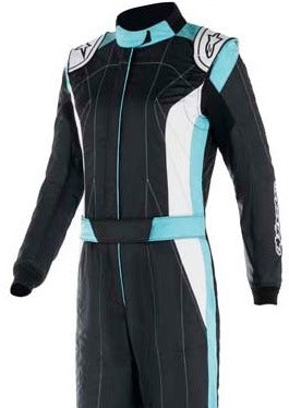 Alpinestars Stella GP Pro Comp v2 Women's Driver Race Suit, black with blue accents, long-sleeved, with a Formula One derived stretch mesh panel on the lower back.