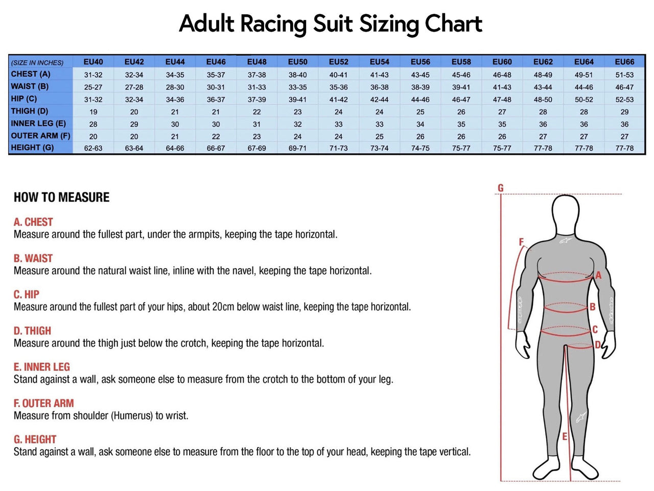 Adult Suit Sizing Chart Horizontal