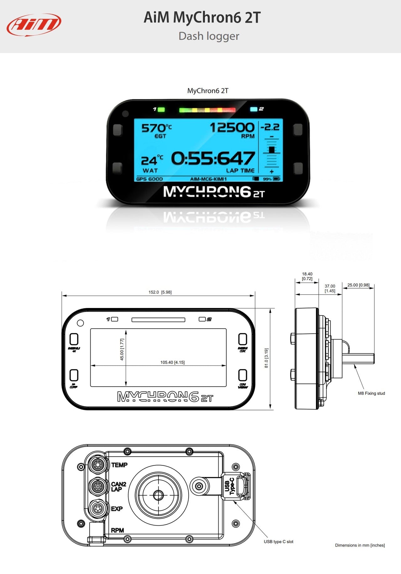 AiM-Mychron-6-2T-Data-Logger-Kart-Racing-Dash-Dimensions-Layout-Image