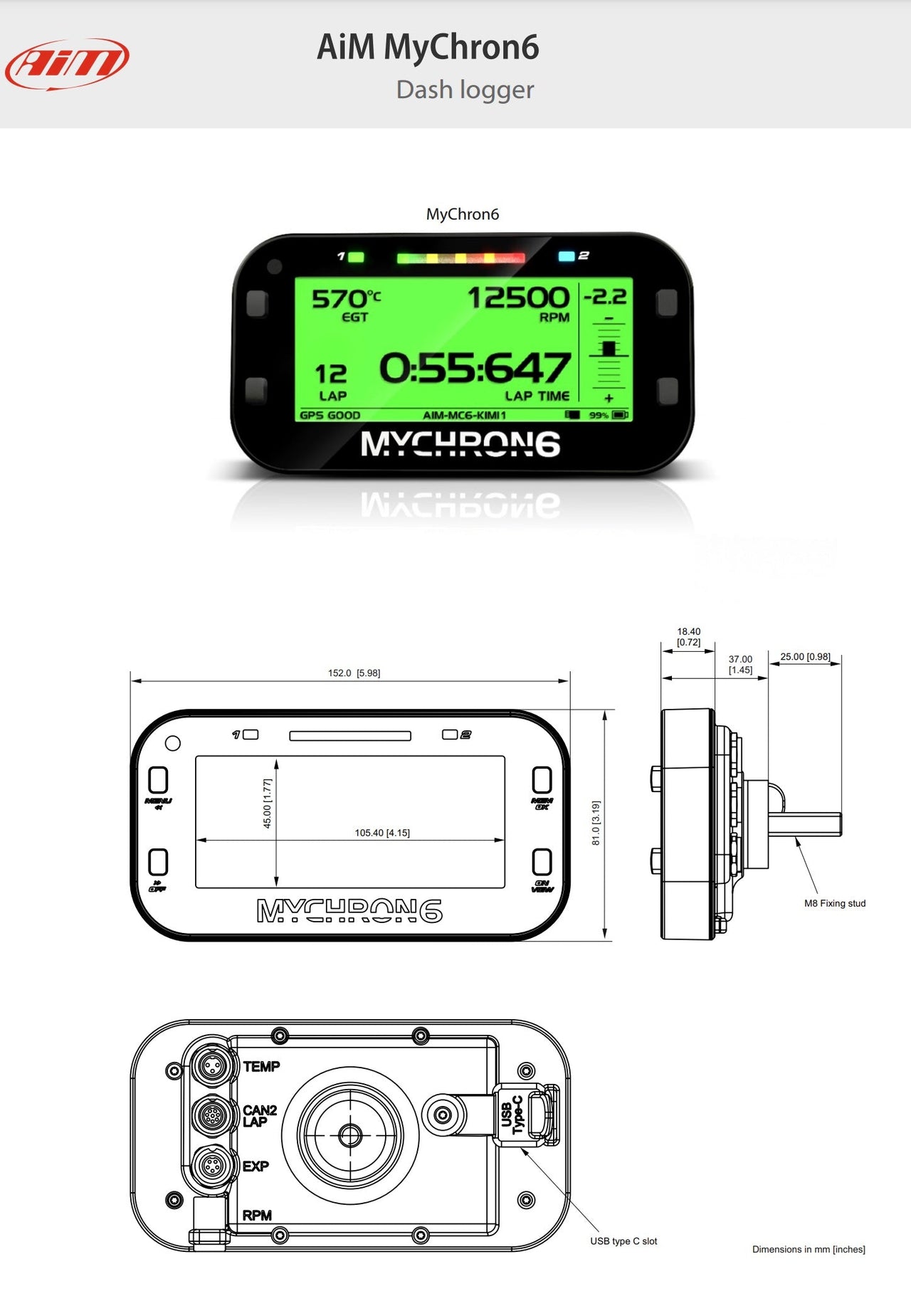 AiM-Mychron-6-Data-Logger-Kart-Racing-Dash-Dimensions-Image