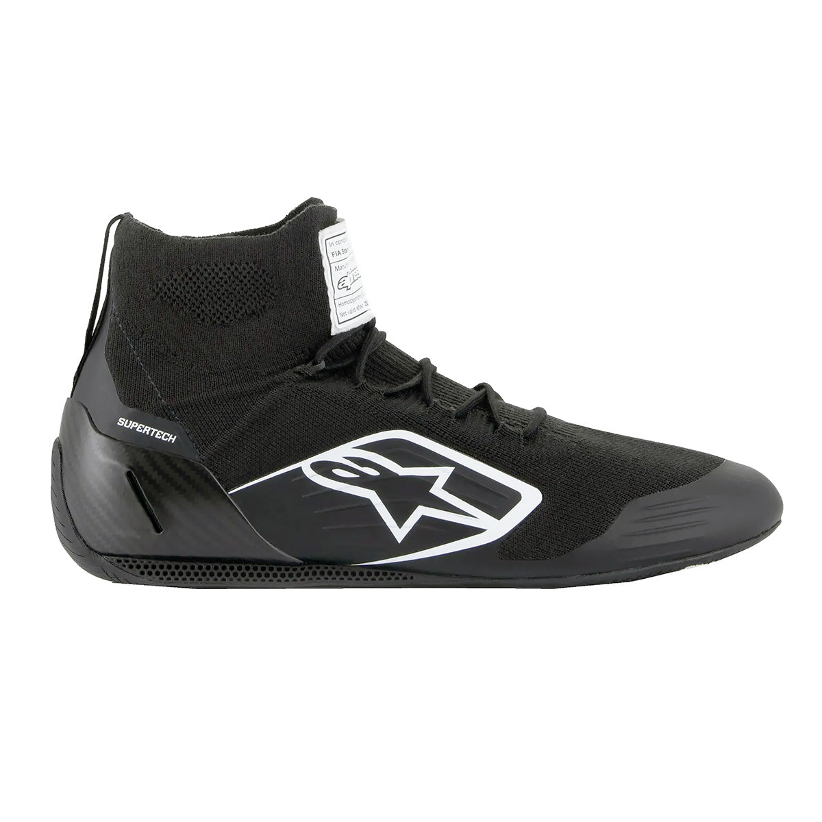 Alpinestars Supertech high-top racing shoes in black color, featuring a knitted upper, carbon heel cup, and a 3D printed midsole.