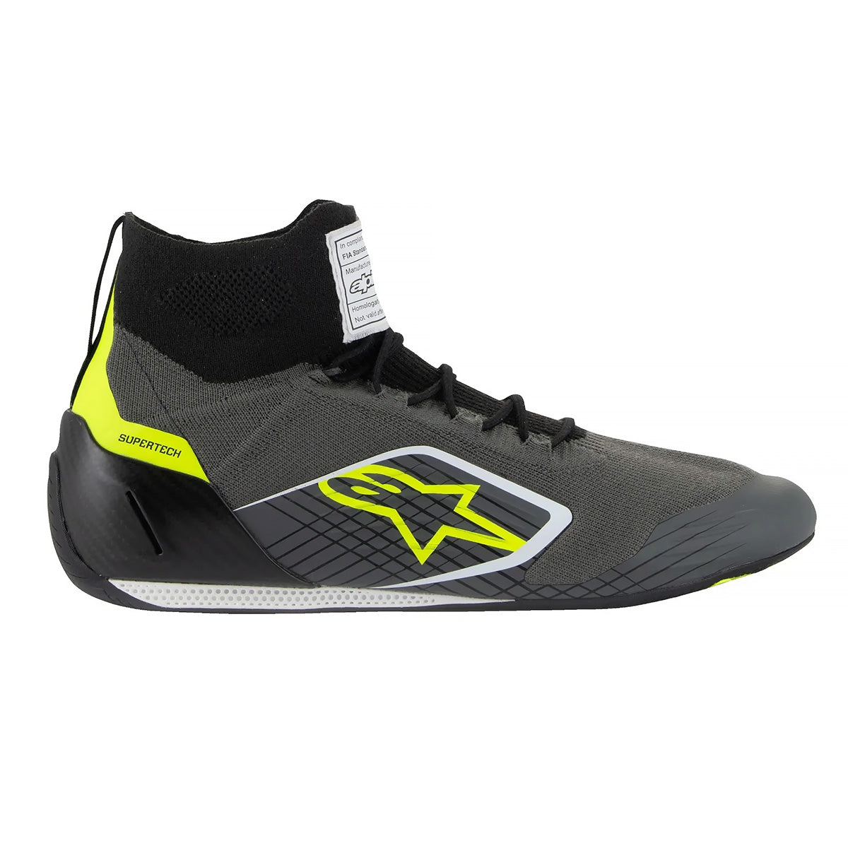 A pair of Alpinestars Supertech high-top racing shoes in grey and yellow color, featuring a knitted upper, carbon heel cup, and a 3D printed midsole.