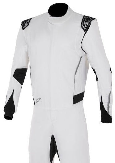 A professional white and black racing suit with Alpinestars branding and Hypertech v3 graphics.