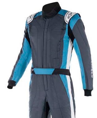 Alpinestars GP Pro Comp v2 Driver Race Suit, featuring a blue and black color scheme with mesh panels and brand logos.