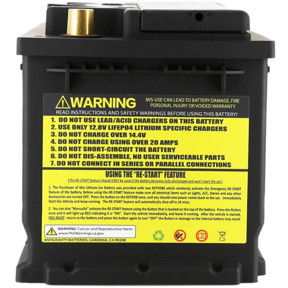 Antigravity H7 RE-START battery side warning label and charging instructions-image