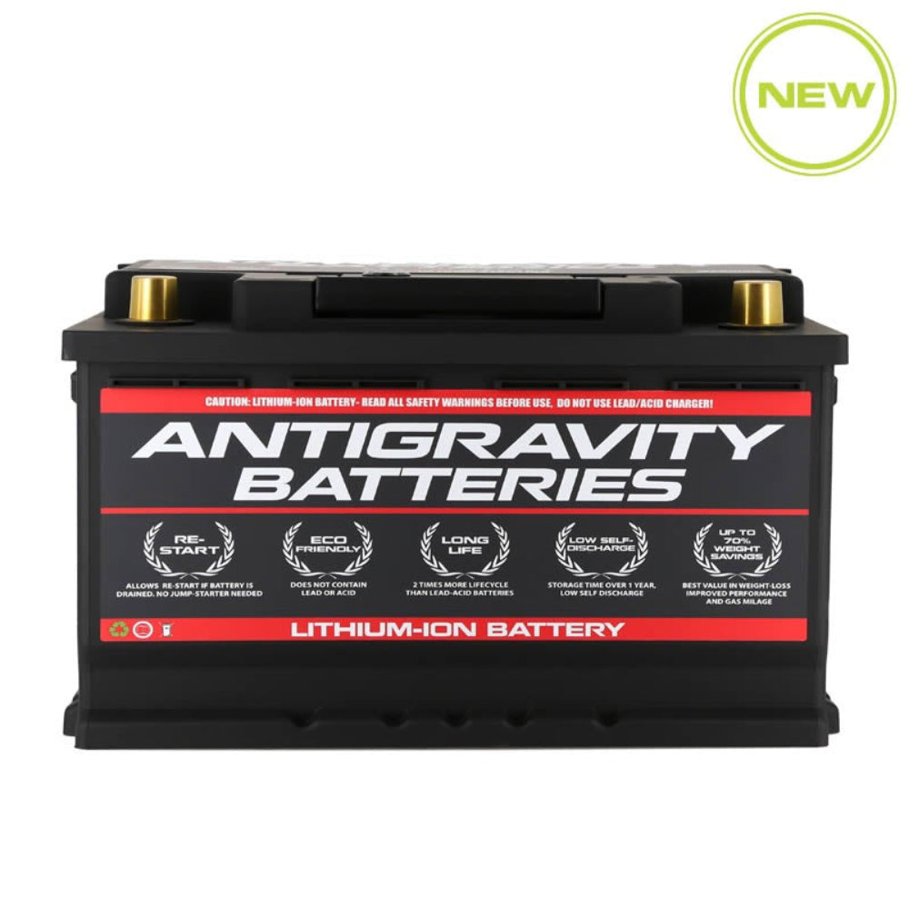 Antigravity H75lithium battery front view showing RE-START, eco, and weight-saving features-image