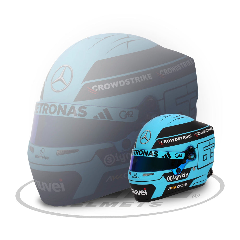 Bell HP77 George Russell 2025 Mini Helmet with dual view display showing side and front design