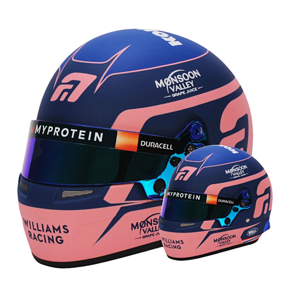 bell hp77 half scale helmet alex albon replica alongside full-sized helmet