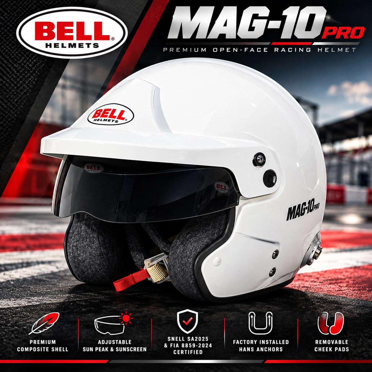White Bell Mag-10 Pro racing helmet with a clear visor, black ear cushions, and red adjustment strap, shown on a racetrack background with Bell and Mag-10 Pro branding and feature icons.