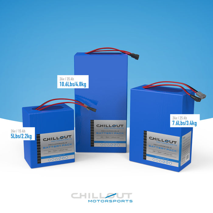 Chillout Systems 24V rechargeable battery pack weight comparison showing 15 Ah, 25 Ah, and 35 Ah sizes.
