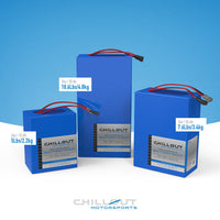 Thumbnail for Chillout Systems 24V rechargeable battery pack weight comparison showing 15 Ah, 25 Ah, and 35 Ah sizes.