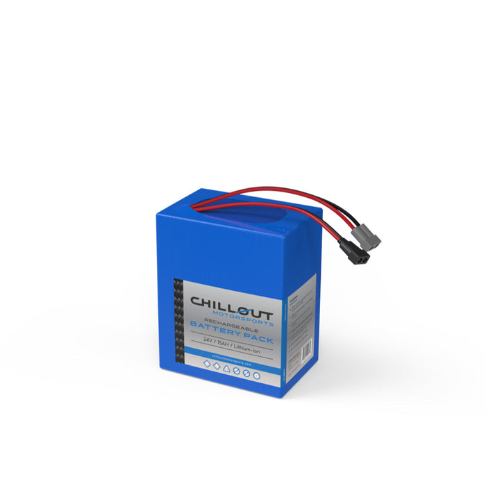 Chillout Systems 24V 15 Ah rechargeable battery pack with power leads.