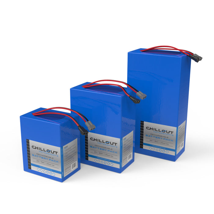 Chillout Systems 24V rechargeable battery pack lineup with 15 Ah, 25 Ah, and 35 Ah battery sizes.