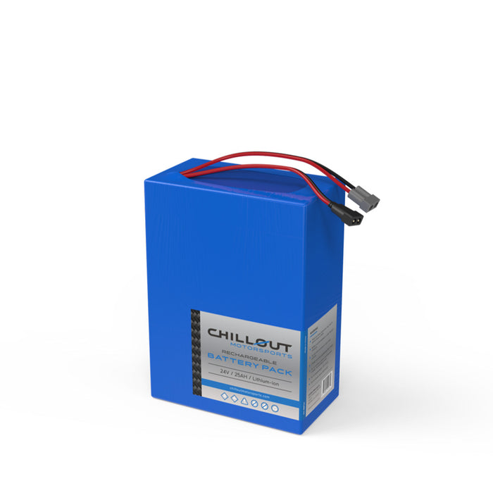 Chillout Systems 24V 25 Ah rechargeable battery pack with power leads.