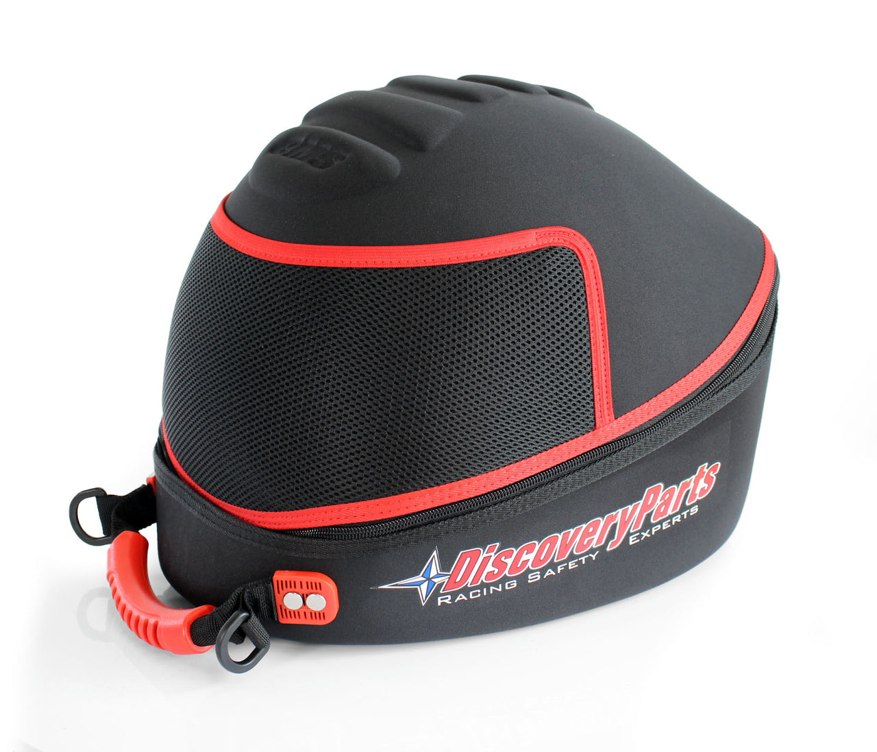 A black Discovery Parts Evo Racing Helmet Bag with red accents, featuring a hard exterior shell and a soft compartment, equipped with a carrying handle and shoulder strap.