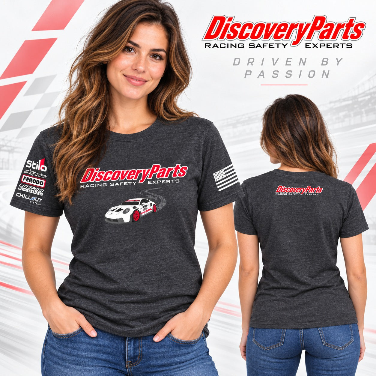 A woman modeling a dark heather gray DiscoveryParts t-shirt, showing both front and back views. The front features a red and white DiscoveryParts logo, a white race car graphic, and sponsor logos on the sleeve.