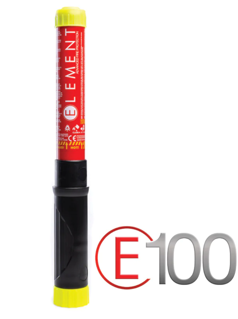 Our industrial-sized model. Offering 100 seconds of fire fighting protection, E100 is recommended for industrial use. Element extinguishers are suitable for use on small fires and for protecting supplementary risks. Internationally tested and certified. with logo