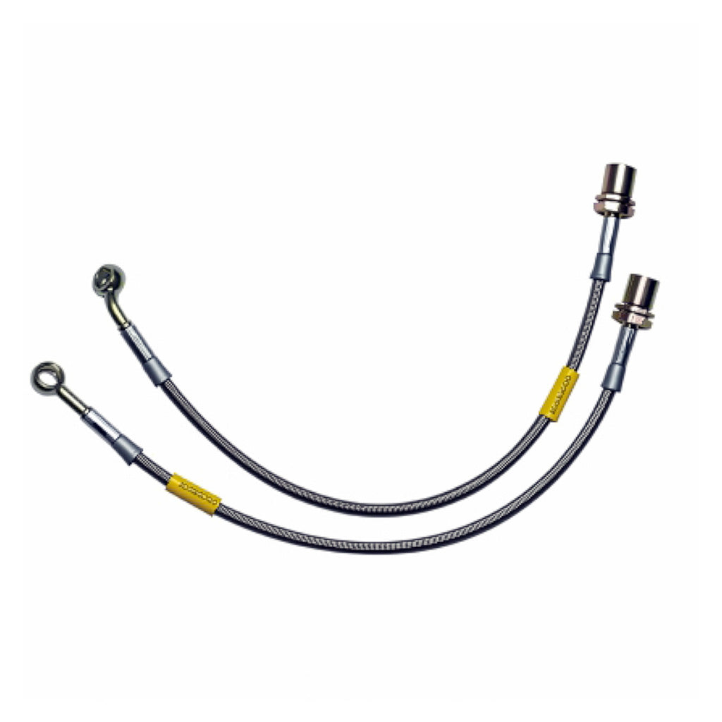 Two metal brake hoses with connectors on a white background