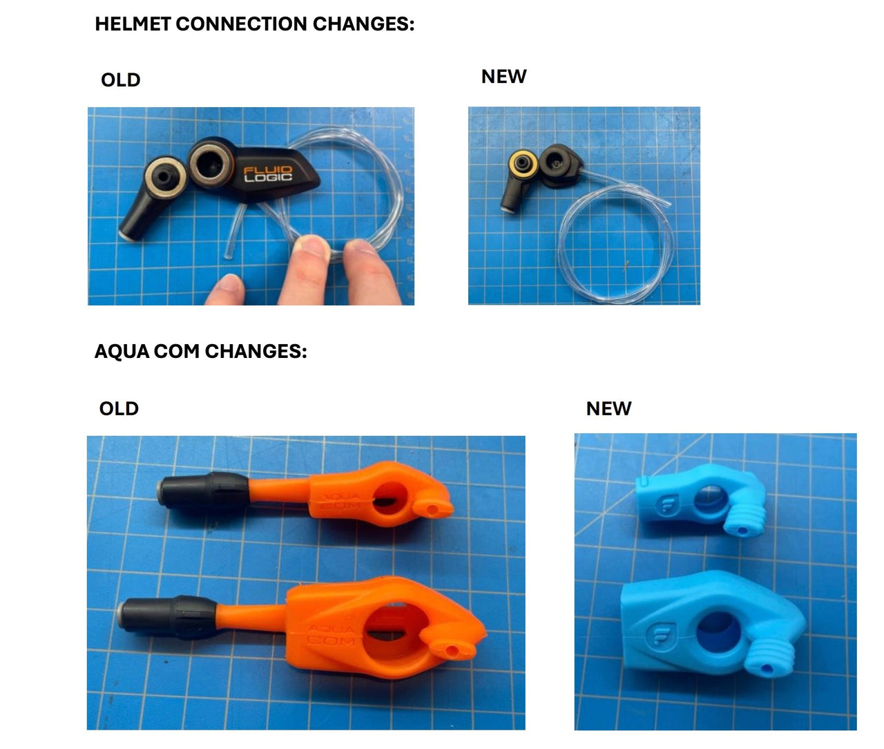 Comparison of old and new helmet connection and Aqua Com parts on a blue grid background.