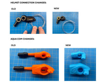Thumbnail for Comparison of old and new helmet connection and Aqua Com parts on a blue grid background.