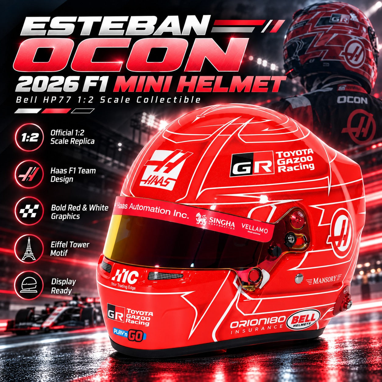 Bell Esteban Ocon 2026 F1 mini helmet hero image with Haas F1 Team design, bold red and white graphics, and Eiffel Tower motif