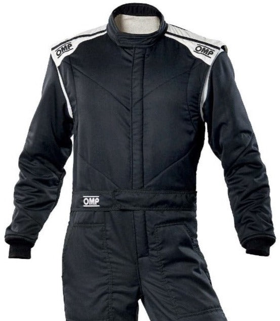 OMP-FIRST-S-DRIVER-Racing-Fire-Suit-Black/White-closeup-Image