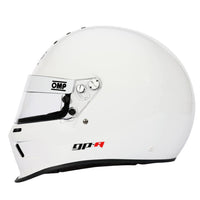 Thumbnail for White OMP GP-A full-face racing helmet with a clear visor, featuring black and red branding details, shown from a side profile on a white background.