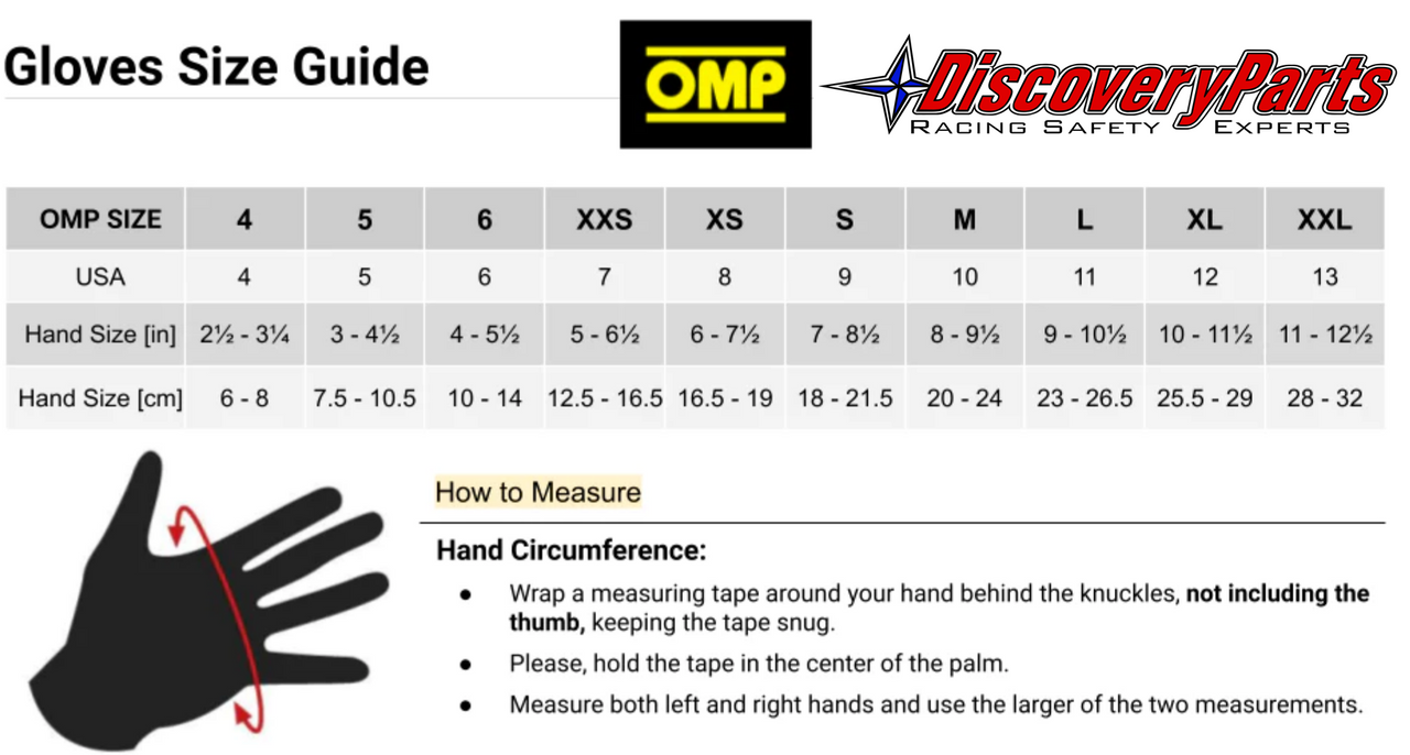OMP SPORT Nomex Auto Racing Gloves Size Chart Image