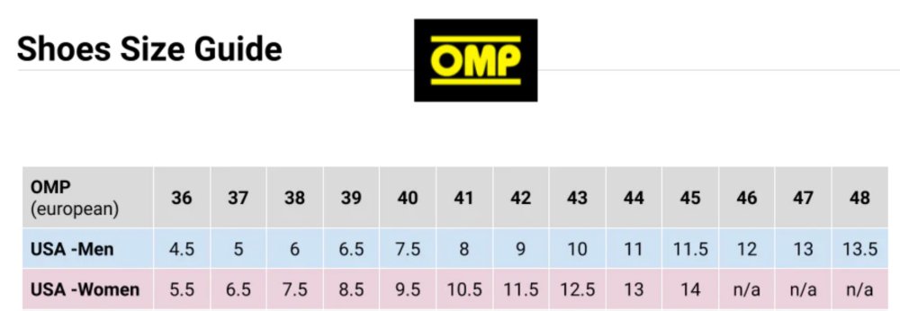OMP ONE Evo FX Racing Shoes Size Chart Image 