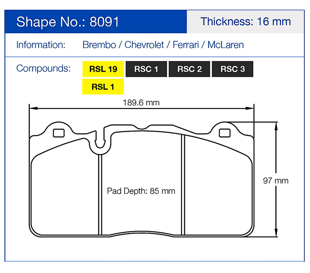 pagid 8091 brake pad with dimensions and compatibility information on a white background
