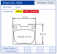 Thumbnail for Technical diagram of a Pagid 8300 brake pad with dimensions for Toyota GR