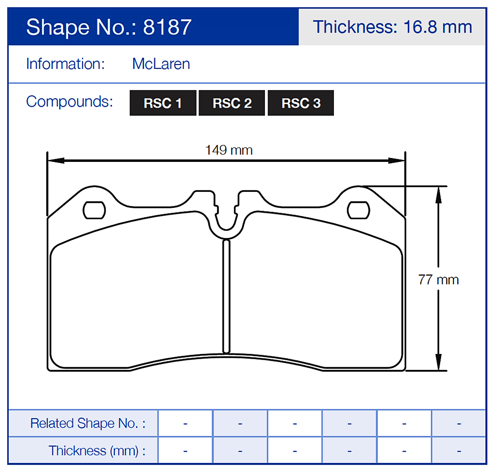 Technical drawing of pagid 8187 brake pads with dimensions and McLaren branding