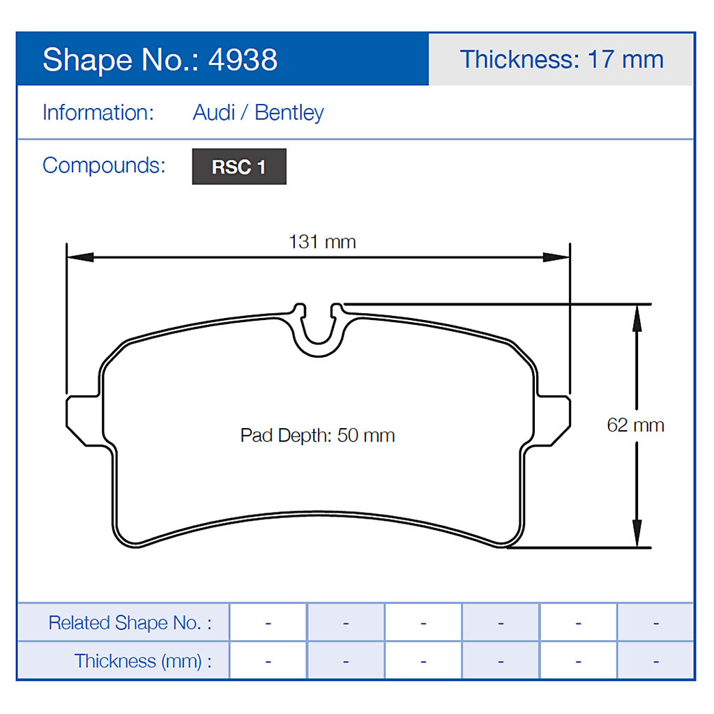 Pagid 4938 Brake pad with dimensions and specifications for Audi and Bentley 