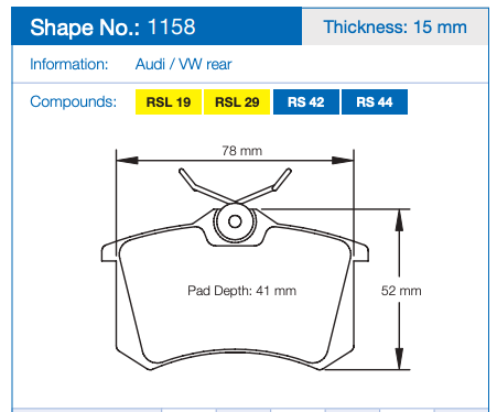 Pagid 1158 Brake pad Dimension Image