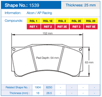 Thumbnail for Pagid Racing Brake Pad Technical specification sheet for brake pads showing Shape No. 1539 with dimensions, including a pad profile diagram, thickness of 25 mm, and compound color codes for Alcon / AP Racing.