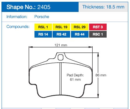 Pagid 2405 Technical specification sheet for a Porsche brake pad, showing shape number 2405, thickness 18.5 mm, and dimensions 121 mm by 86 mm with pad depth 61 mm.