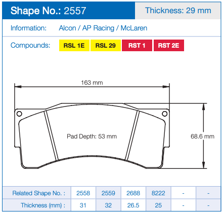 Pagid 2557 Technical specification sheet for a brake pad showing Shape No. 2557, with dimensions, compound labels, and a line drawing on a white background with blue header.