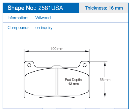 Technical dimension diagram of a Pagid 2581 brake pad, showing a side profile with measurements labeled 100 mm, 56 mm, and pad depth 43 mm. Header text indicates Shape No.