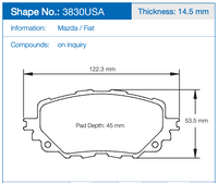 Thumbnail for Technical dimension diagram of a brake pad, labeled Pagid 3830USA.